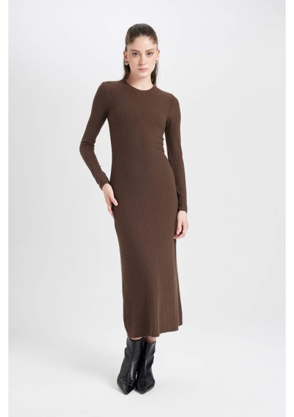 Bodycon Vücudu Saran Bisiklet Yaka Basic Düz Kaşkorse Uzun Kollu Maxi Elbise D3373AX24WN