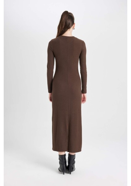 Bodycon Vücudu Saran Bisiklet Yaka Basic Düz Kaşkorse Uzun Kollu Maxi Elbise D3373AX24WN