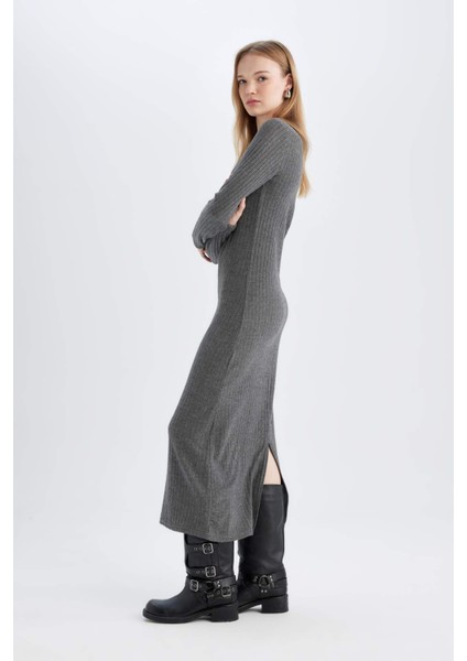 Bodycon Vücudu Saran Bisiklet Yaka Basic Düz Kaşkorse Uzun Kollu Maxi Elbise D3373AX24WN