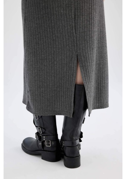 Bodycon Vücudu Saran Bisiklet Yaka Basic Düz Kaşkorse Uzun Kollu Maxi Elbise D3373AX24WN