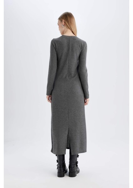 Bodycon Vücudu Saran Bisiklet Yaka Basic Düz Kaşkorse Uzun Kollu Maxi Elbise D3373AX24WN