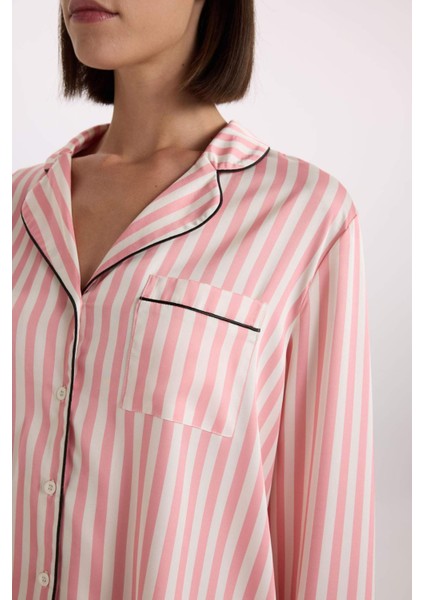 Pijama Takımı Uzun Kollu Çizgili Saten Üst Beli Lastikli Uzun Alt-Fall in Love C9445AX25SP
