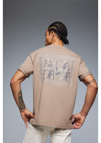 %100 Pamuk Oversize Geniş Kalıp Bisiklet Yaka Sırt Baskılı Kısa Kollu Tişört D9347AX25SP