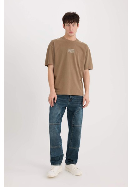 %100 Pamuk Oversize Geniş Kalıp Bisiklet Yaka Sırt Baskılı Kısa Kollu Tişört D9347AX25SP