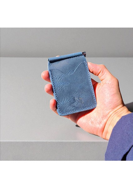 Lacivert Erkek Cüzdan Hakiki Deri Para Klipsli Kartlık Vintage Ince Tasarım