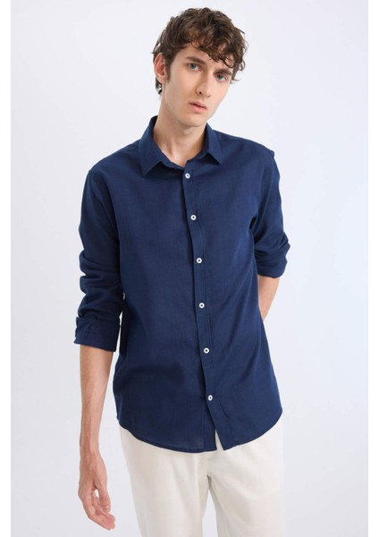 %100 Pamuk Regular Fit İnce Kumaş Polo Yaka Uzun Kollu Gömlek D7394AX25SP