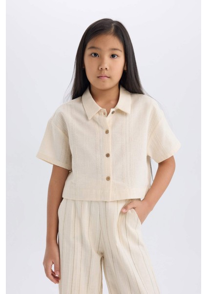 Kız Çocuk Cropped Fit Keten Kısa Kollu Gömlek D9142A825SM