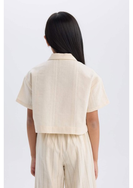 Kız Çocuk Cropped Fit Keten Kısa Kollu Gömlek D9142A825SM