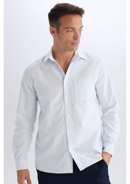 %100 Pamuk Regular Fit Polo Yaka Çizgili Oxford Uzun Kollu Gömlek D6101AX25SP