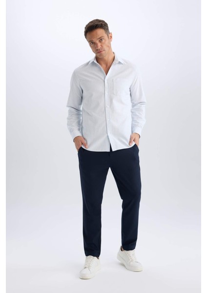 %100 Pamuk Regular Fit Polo Yaka Çizgili Oxford Uzun Kollu Gömlek D6101AX25SP