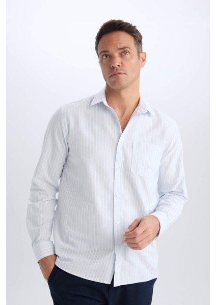 %100 Pamuk Regular Fit Polo Yaka Çizgili Oxford Uzun Kollu Gömlek D6101AX25SP