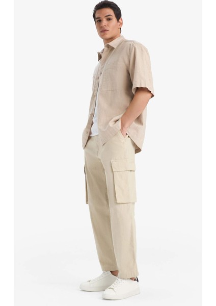 %100 Pamuk Wide Leg Bol Rahat Kesim Kargo Cepli Keten Görünümlü Yazlık Pantolon B9407AX25SP