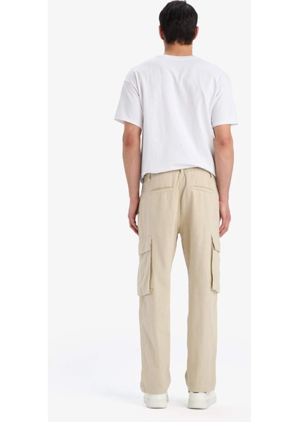 %100 Pamuk Wide Leg Bol Rahat Kesim Kargo Cepli Keten Görünümlü Yazlık Pantolon B9407AX25SP