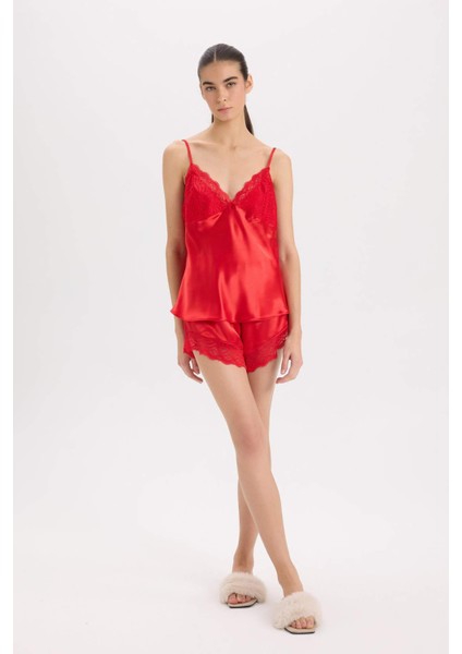 Saten Pijama Takım Askılı Dantelli Tül Üst Beli Lastikli Kısa Şort-Fall in Love D6407AX24WN