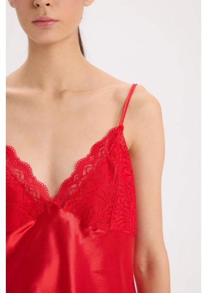 Saten Pijama Takım Askılı Dantelli Tül Üst Beli Lastikli Kısa Şort-Fall in Love D6407AX24WN