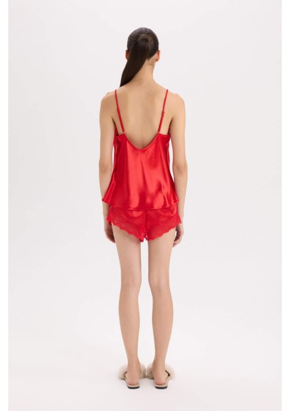Saten Pijama Takım Askılı Dantelli Tül Üst Beli Lastikli Kısa Şort-Fall in Love D6407AX24WN