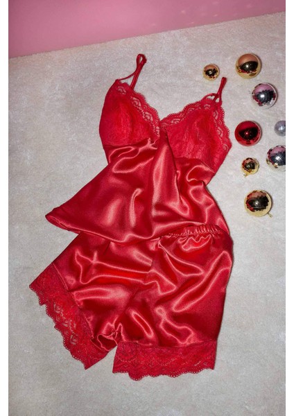Saten Pijama Takım Askılı Dantelli Tül Üst Beli Lastikli Kısa Şort-Fall in Love D6407AX24WN