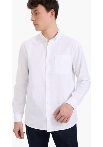 %100 Pamuk Regular Fit Polo Yaka Oxford Basic Düz Uzun Kollu Beyaz Gömlek A8028AX25SP