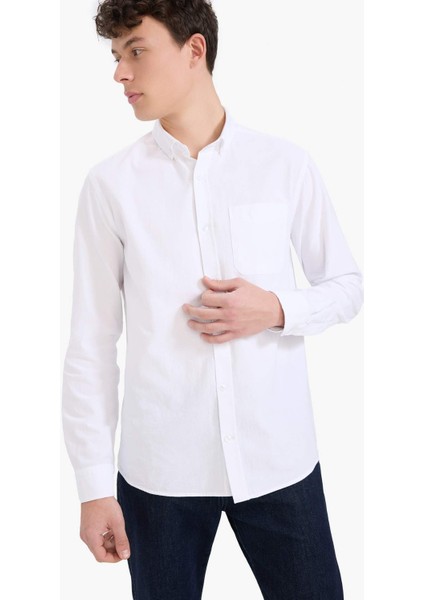 %100 Pamuk Regular Fit Polo Yaka Oxford Basic Düz Uzun Kollu Beyaz Gömlek A8028AX25SP