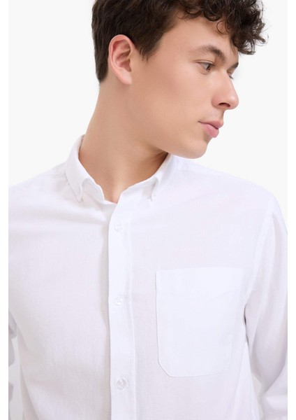 %100 Pamuk Regular Fit Polo Yaka Oxford Basic Düz Uzun Kollu Beyaz Gömlek A8028AX25SP