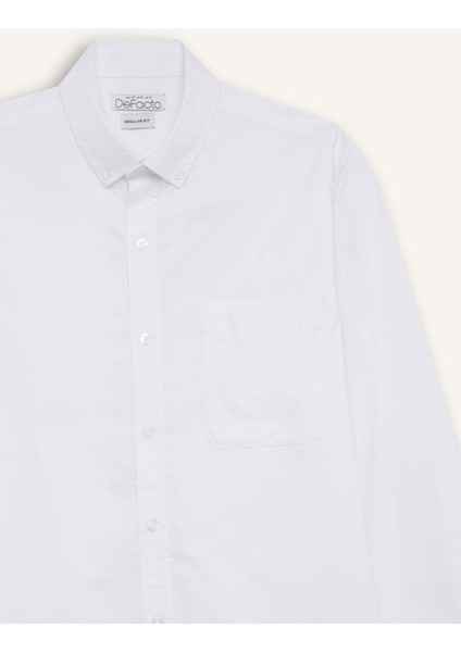 %100 Pamuk Regular Fit Polo Yaka Oxford Basic Düz Uzun Kollu Beyaz Gömlek A8028AX25SP