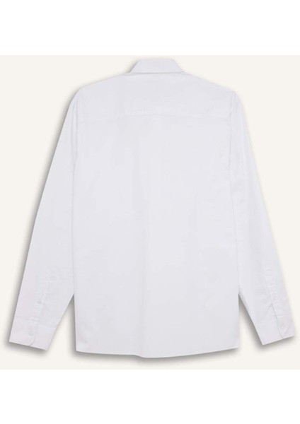 %100 Pamuk Regular Fit Polo Yaka Oxford Basic Düz Uzun Kollu Beyaz Gömlek A8028AX25SP
