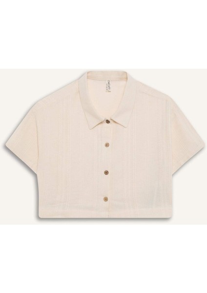 Kız Çocuk Cropped Fit Keten Kısa Kollu Gömlek D9142A825SM