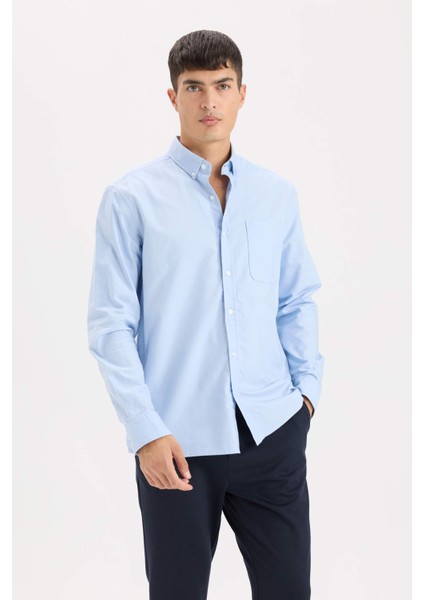 %100 Pamuk Regular Fit Polo Yaka Oxford Basic Düz Uzun Kollu Gömlek A8028AX25SP