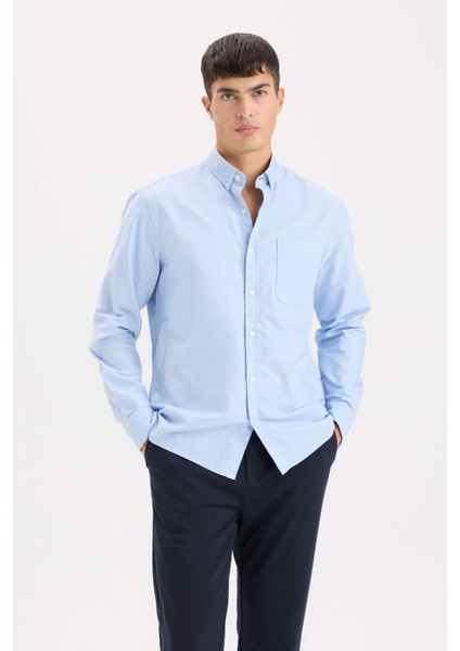 %100 Pamuk Regular Fit Polo Yaka Oxford Basic Düz Uzun Kollu Gömlek A8028AX25SP