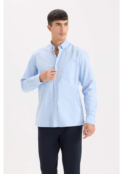%100 Pamuk Regular Fit Polo Yaka Oxford Basic Düz Uzun Kollu Gömlek A8028AX25SP