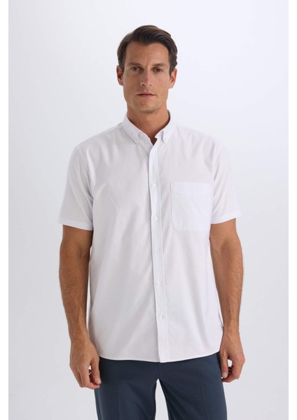%100 Pamuk Regular Fit Polo Yaka Oxford Yazlık Kısa Kollu Beyaz Gömlek D7419AX25SM