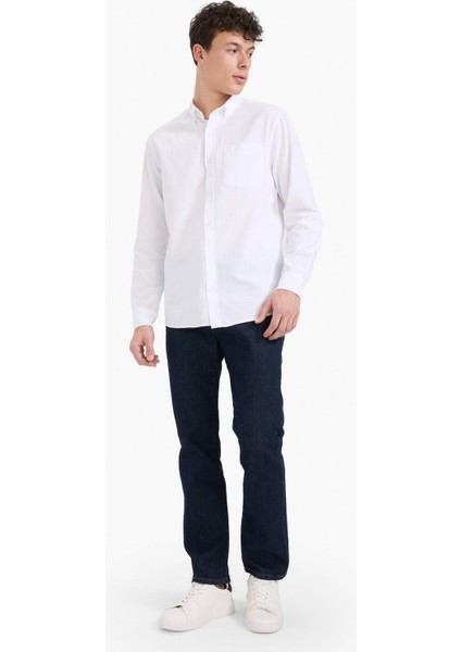 %100 Pamuk Regular Fit Polo Yaka Oxford Basic Düz Uzun Kollu Beyaz Gömlek A8028AX25SP