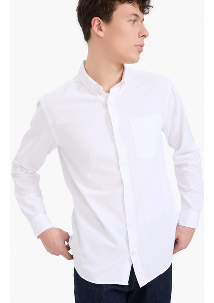 %100 Pamuk Regular Fit Polo Yaka Oxford Basic Düz Uzun Kollu Beyaz Gömlek A8028AX25SP