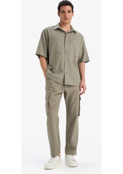 %100 Pamuk Wide Leg Bol Rahat Kesim Kargo Cepli Keten Görünümlü Yazlık Pantolon B9407AX25SP