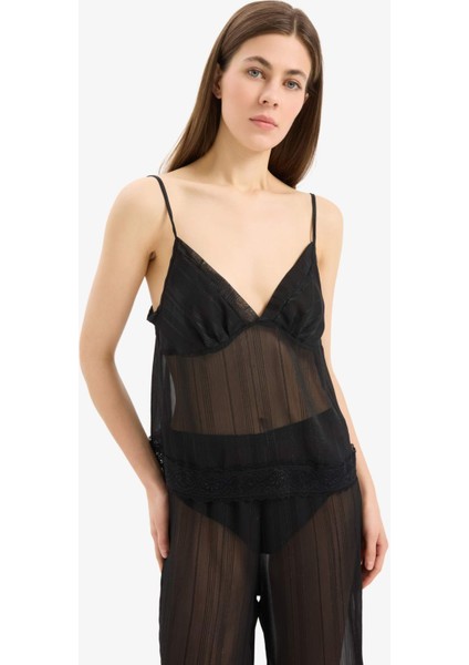 Tül Pijama Takımı Askılı Dantelli Üst Beli Lastikli Uzun Alt-Fall in Love D8684AX24WN