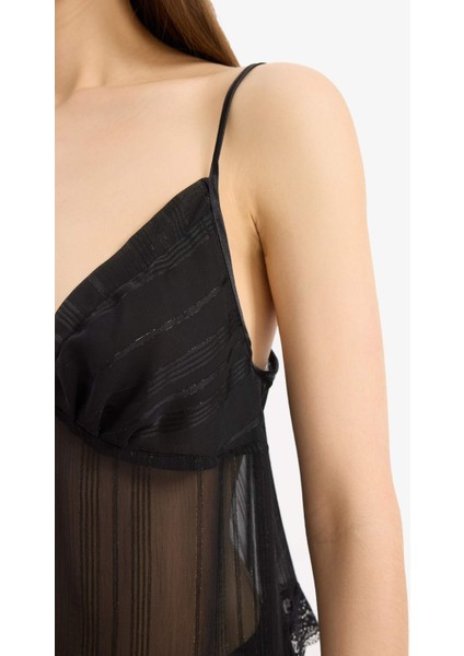 Tül Pijama Takımı Askılı Dantelli Üst Beli Lastikli Uzun Alt-Fall in Love D8684AX24WN