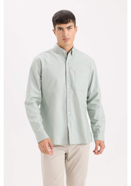 %100 Pamuk Regular Fit Polo Yaka Oxford Basic Düz Uzun Kollu Gömlek A8028AX25SP