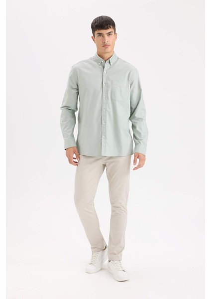 %100 Pamuk Regular Fit Polo Yaka Oxford Basic Düz Uzun Kollu Gömlek A8028AX25SP