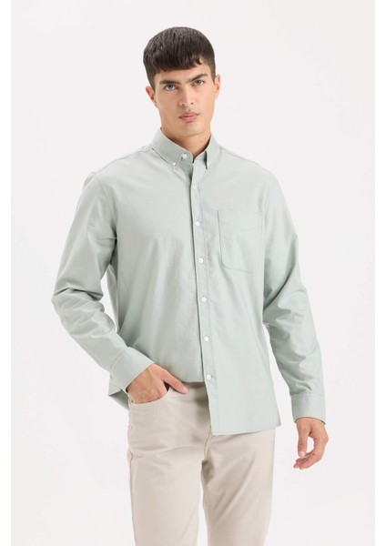 %100 Pamuk Regular Fit Polo Yaka Oxford Basic Düz Uzun Kollu Gömlek A8028AX25SP