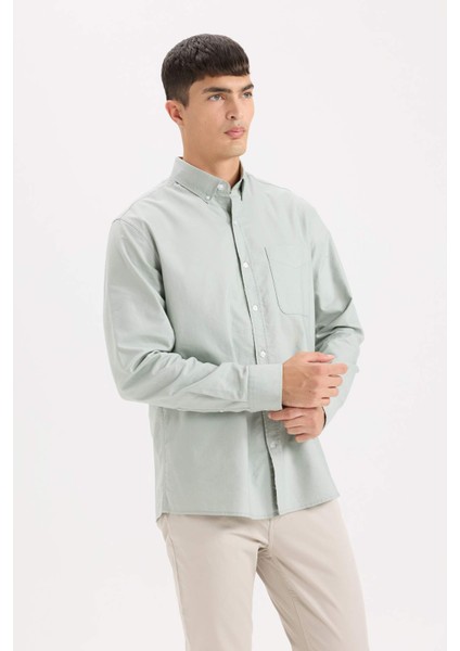 %100 Pamuk Regular Fit Polo Yaka Oxford Basic Düz Uzun Kollu Gömlek A8028AX25SP