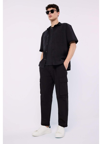 %100 Pamuk Wide Leg Bol Rahat Kesim Kargo Cepli Keten Görünümlü Yazlık Pantolon B9407AX25SP