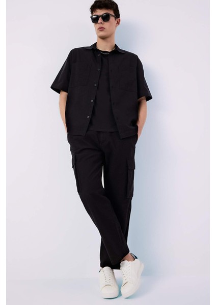 %100 Pamuk Wide Leg Bol Rahat Kesim Kargo Cepli Keten Görünümlü Yazlık Pantolon B9407AX25SP