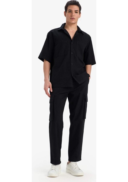 %100 Pamuk Wide Leg Bol Rahat Kesim Kargo Cepli Keten Görünümlü Yazlık Pantolon B9407AX25SP