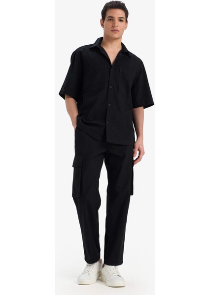 %100 Pamuk Wide Leg Bol Rahat Kesim Kargo Cepli Keten Görünümlü Yazlık Pantolon B9407AX25SP