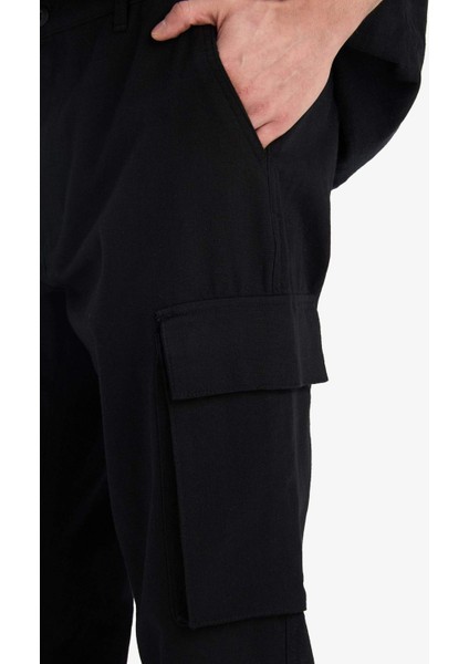 %100 Pamuk Wide Leg Bol Rahat Kesim Kargo Cepli Keten Görünümlü Yazlık Pantolon B9407AX25SP