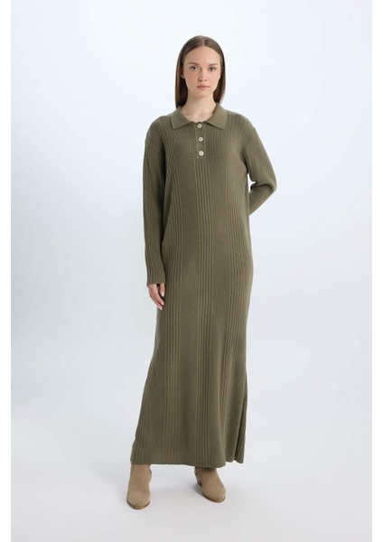 Regular Fit Polo Yaka Basic Düz Maxi Triko Elbise D5434AX24WN