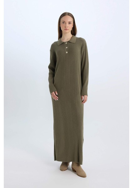Regular Fit Polo Yaka Basic Düz Maxi Triko Elbise D5434AX24WN