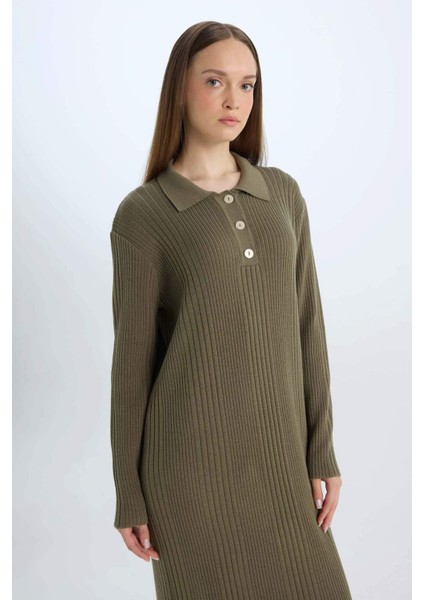 Regular Fit Polo Yaka Basic Düz Maxi Triko Elbise D5434AX24WN