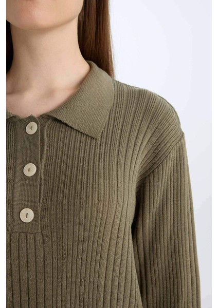 Regular Fit Polo Yaka Basic Düz Maxi Triko Elbise D5434AX24WN