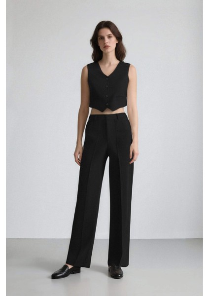 Palazzo Çift Cepli Yüksek Bel Düz Paça Cepli Krep Kumaş Klasik Kumaş Pantolon D9541AX24AU